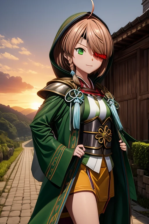 8k wallpaper, masterpiece, movie lighting, medieval setting, Beautiful female  yamamoto kansuke with light brown hair, short hair, single braid, hair over one eye, ahoge, eyepatch, green eyes walking on a winding road with a smile on her face, sunrise with clear skies background