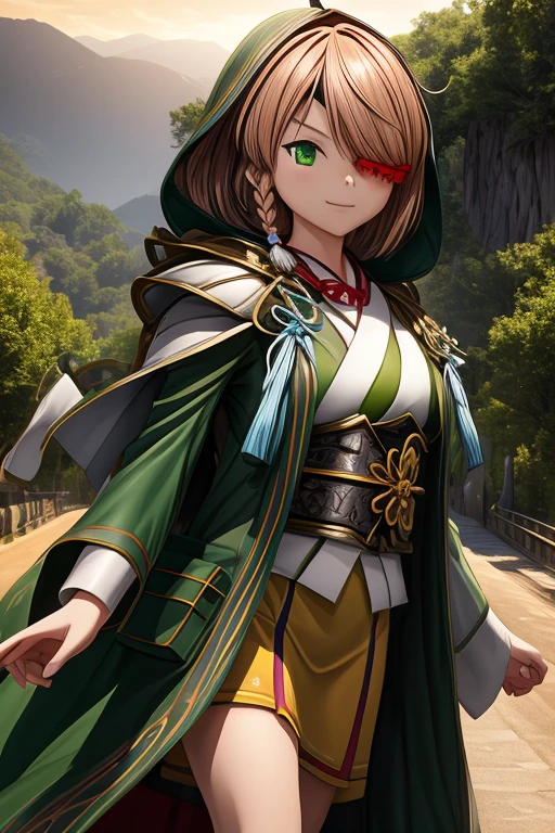 8k wallpaper, masterpiece, movie lighting, medieval setting, Beautiful female  yamamoto kansuke with light brown hair, short hair, single braid, hair over one eye, ahoge, eyepatch, green eyes walking on a winding road with a smile on her face, sunrise with clear skies background