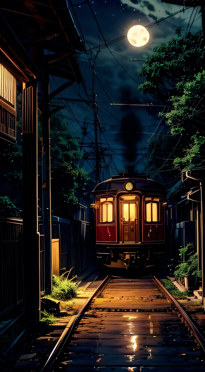 Create an atmospheric night scene featuring an old-fashioned, elegant train traveling through a serene landscape. The train, with softly glowing windows, should be passing under a clear sky dominated by a large, bright full moon. Surround the scene with dark, towering trees, and add a gentle mist for a mysterious, tranquil effect. Include subtle reflections of the moonlight on the train's surface and the nearby tracks. The overall ambiance should be calming, with a hint of nostalgia