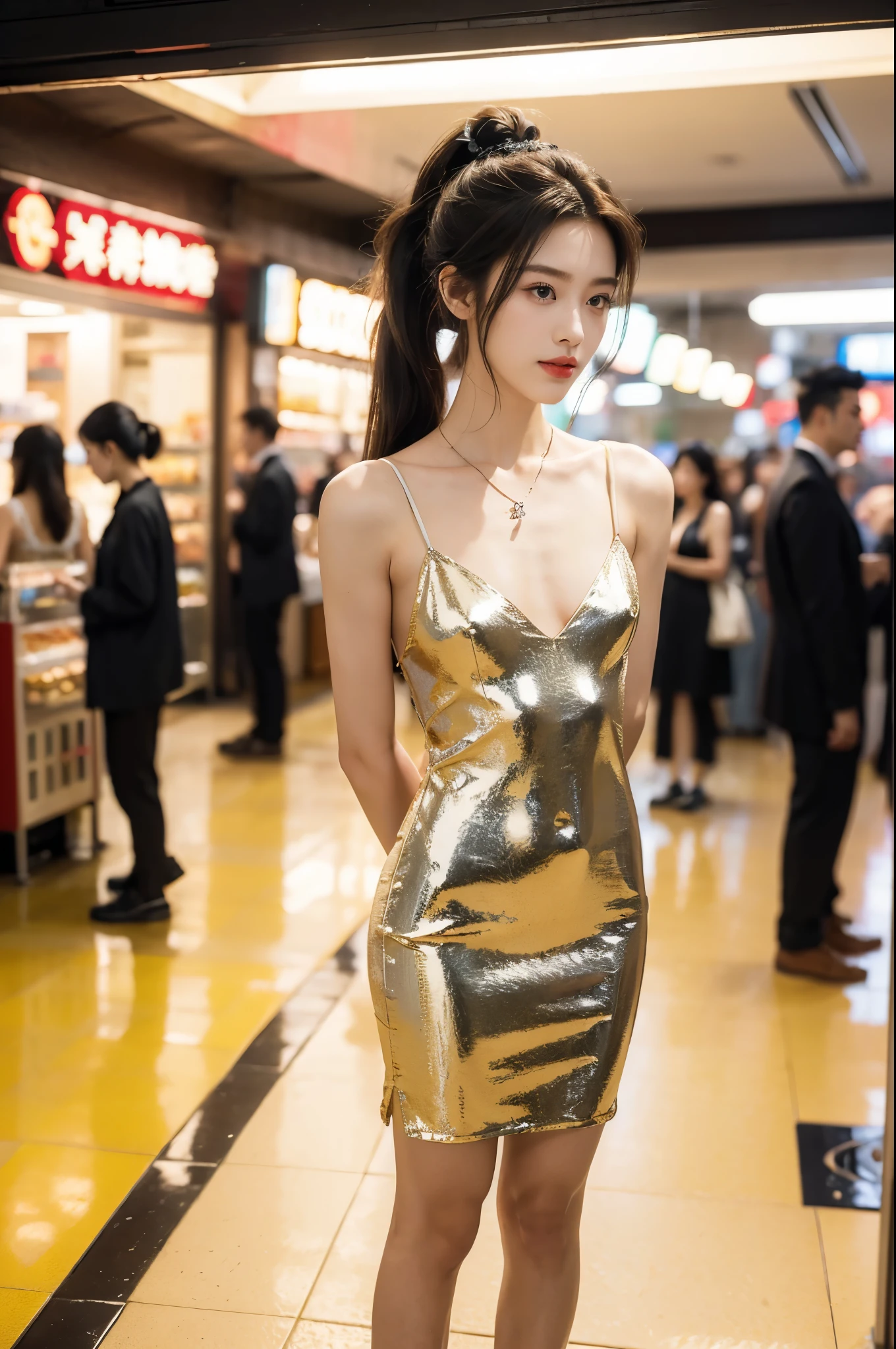 (((best quality))),(((ultra detailed))),(((masterpiece))),illustration,((1 beautiful girl,female cashier,solo)),(short ponytail:1.2),((slim,thin)),((small breasts,flat chest)),(slip dress:1.3),(slender legs:1.2),(sneakers:1.2),(standing:1.3),(arms behind back:1.3),dimly lit,soft glow,shelves,snacks,drinks,necessities,air conditioning,breeze,elegance,grace,vibrant red lipstick,crisp,delicate necklace,sparkling pendant,calmly,warm smile,inviting,poise,unaffected,hustle and bustle,city life,convenience store,haven,weary souls,relentless heat,resilient spirit,(indoor:1.2),(night scene:1.3),((from front,full body)),(surrounded by crowded crowds)