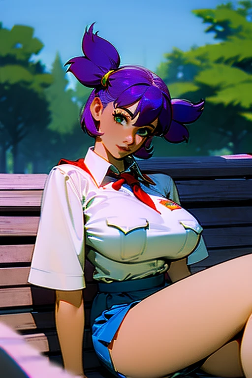 (masterpiece, ultra high resolution, Maximum detail), beautiful girl, Pioneer, pioneer uniform, pioneer blue skirt,red tie and white shirt, Girl hairstyle two pigtails , green eyes, Lilac hair,sitting on a bench in a pioneer camp, Lena Endless Summer, thick legs