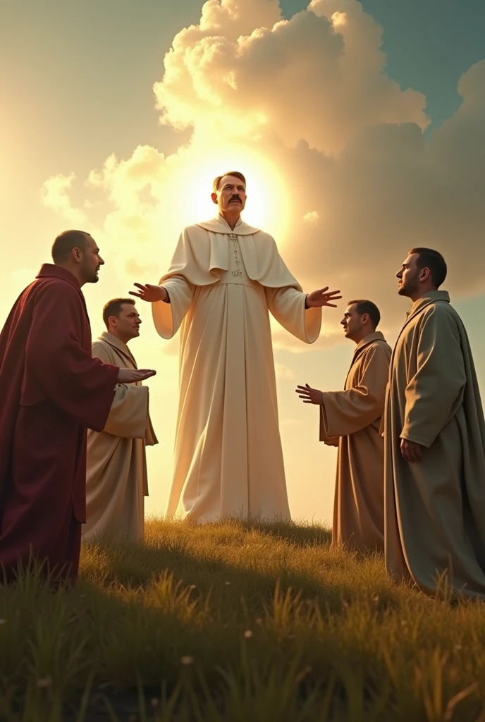 Viktor Orban, Vlagyimir Vlagyimirovics Putyin, Donald Trump, Adolf Hitler, Kim Jong Un, Adolf Hitler was Jesus and Orbán Viktor, Vlagyimir Vlagyimirovics Putyin, Donald Trump and Kim Jong Un are the prophets, Adolf Hitler in the middle of the picture, let the sun shine on the left side, uhd, 4k, Sharp contour, hillside with grass, Clothing from the time of Jesus, an apparition happens, the prophets are amazed that Hitler appeared with a halo on his head