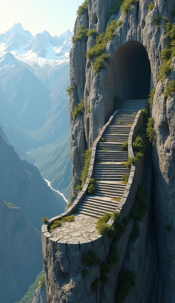 create a realistic staircase on top of a cliff, a staircase comes out of the cliff, the image is extremely realistic, taken with an 8k camera.