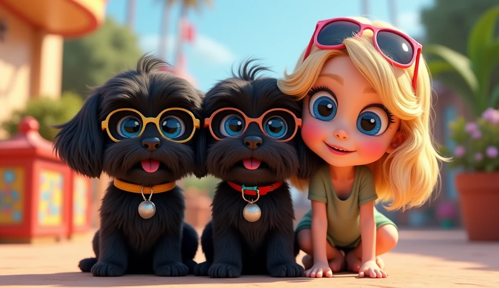 2 adorable cartoon black shih tzu puppies with big blue eyes wearing colorful collars and sunglasses cute blonde girl with big blue eyes wearing sunglasses 3D Pixar style