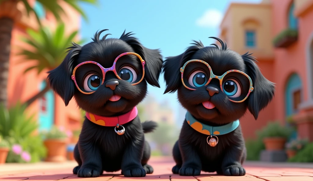2 adorable cartoon black shih tzu puppies with big blue eyes wearing colorful collars and sunglasses cute blonde girl with big blue eyes wearing sunglasses 3D Pixar style