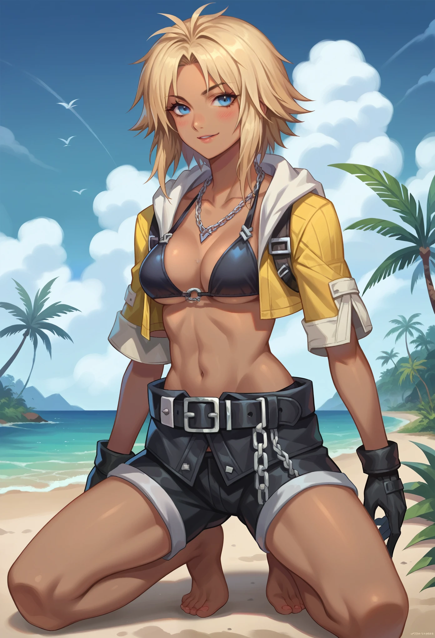 score_9, score_8_up, score_7_up, source_anime, 1girl, solo, (female:1.2), female focus, TidusFFX, blonde hair, dark hair roots, (medium hair), blue eyes, dark skin,necklace, open clothes, shorts, black gloves, shorts, top bikini, back bikini, belt, chain, barefoot, kneeling, kneeling blushing, slight smile, looking at you, tropical village, clear sky, day,