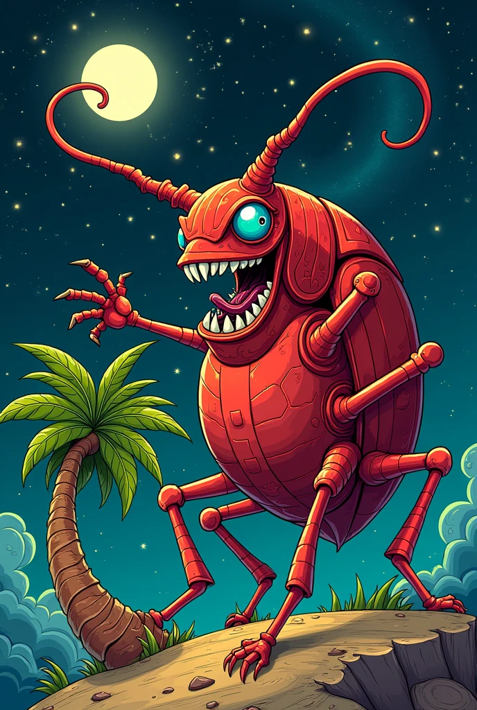 A wicked Rhynchophorus ferrugineus eating a scared palm tree against a celestial background, everything as if it were a cartoon