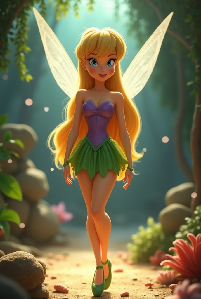 Tinkerbell with long hair, dark blond color, green short skirt, looking forward, with the purple seashell top from the Little Mermaid, with green ballet slippers, animated cartoon , the light hits him from the front 