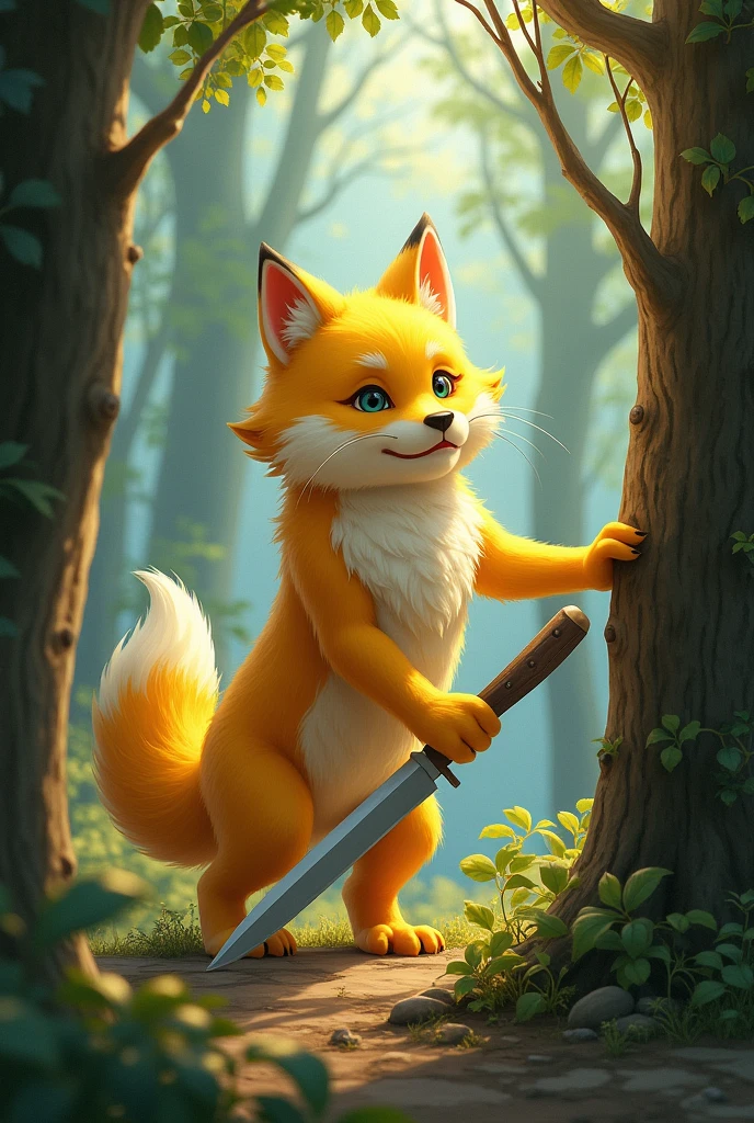 A yellow wolf,Realistic and cute,Standing wolf,holding a knife,cut down trees,background chinese style,forest