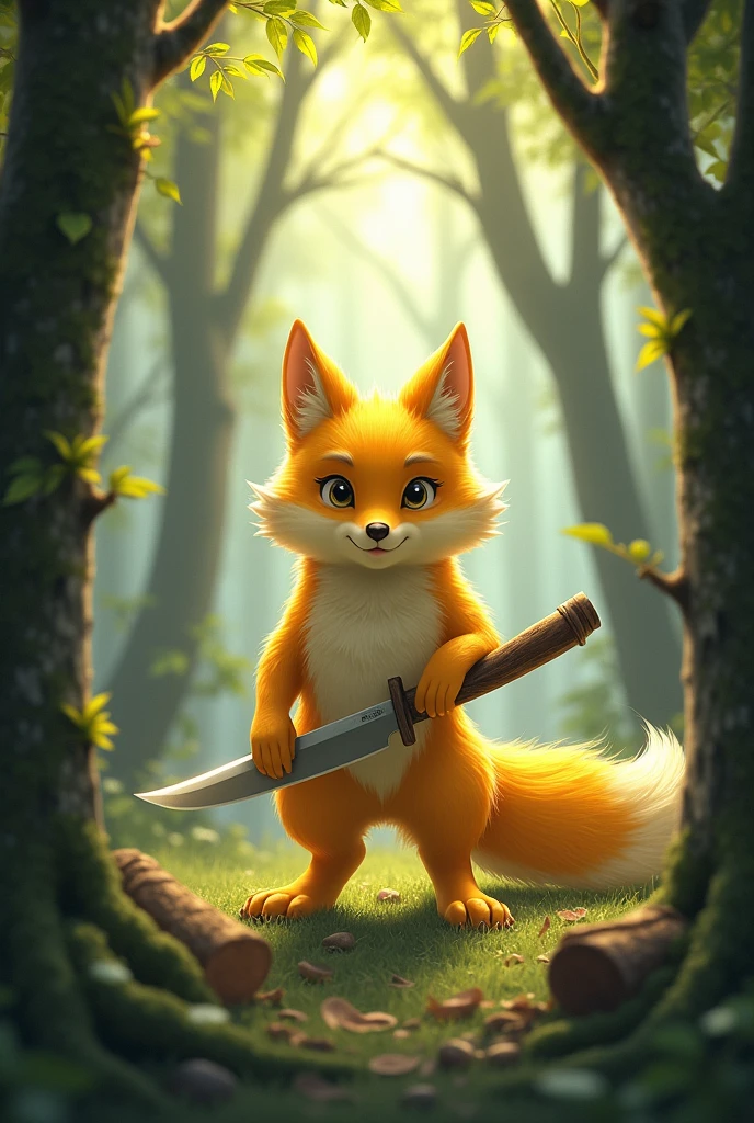A yellow wolf,Realistic and cute,Standing wolf,holding a knife,cut down trees,background chinese style,forest