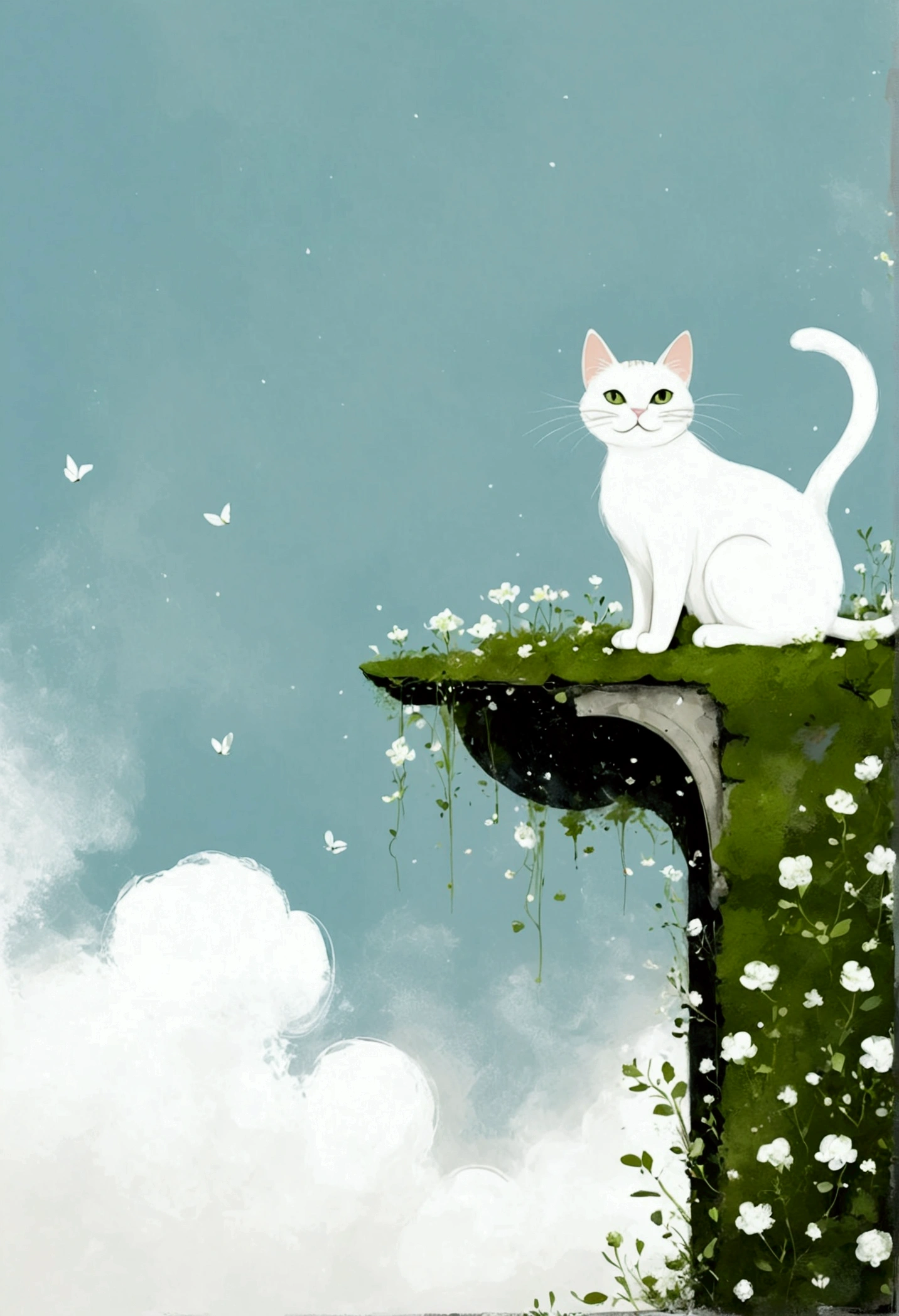 A painting，中国水墨画sketch：Light Ink，Lowercase，sketch，artistic conception，A cat on the moss-covered eaves，cloud，Small white flowers，Minimalism，(((Negative Space,Bottom left composition)))