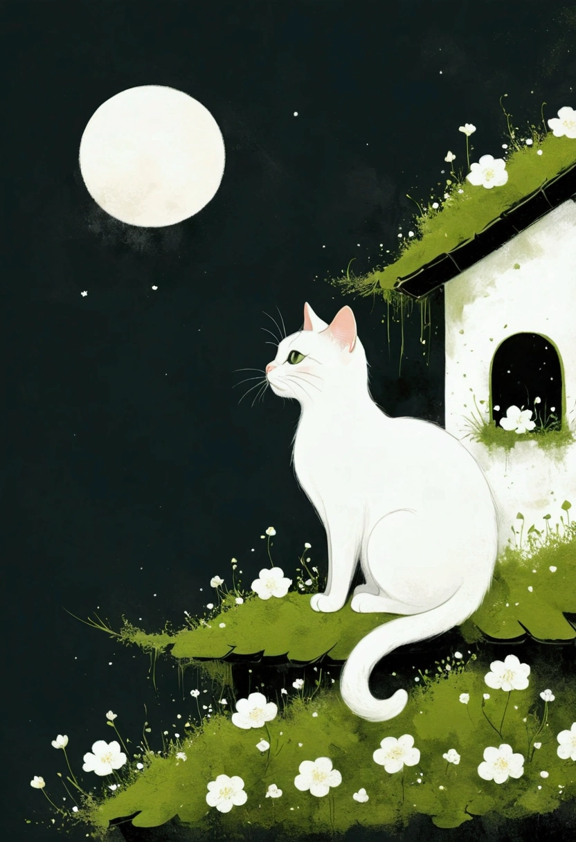 A painting,中国水墨画sketch:Light Ink,Lowercase,sketch,artistic conception,A cat on the moss-covered eaves,cloud,Small white flowers,Minimalism,(((Negative Space,Bottom left composition)))