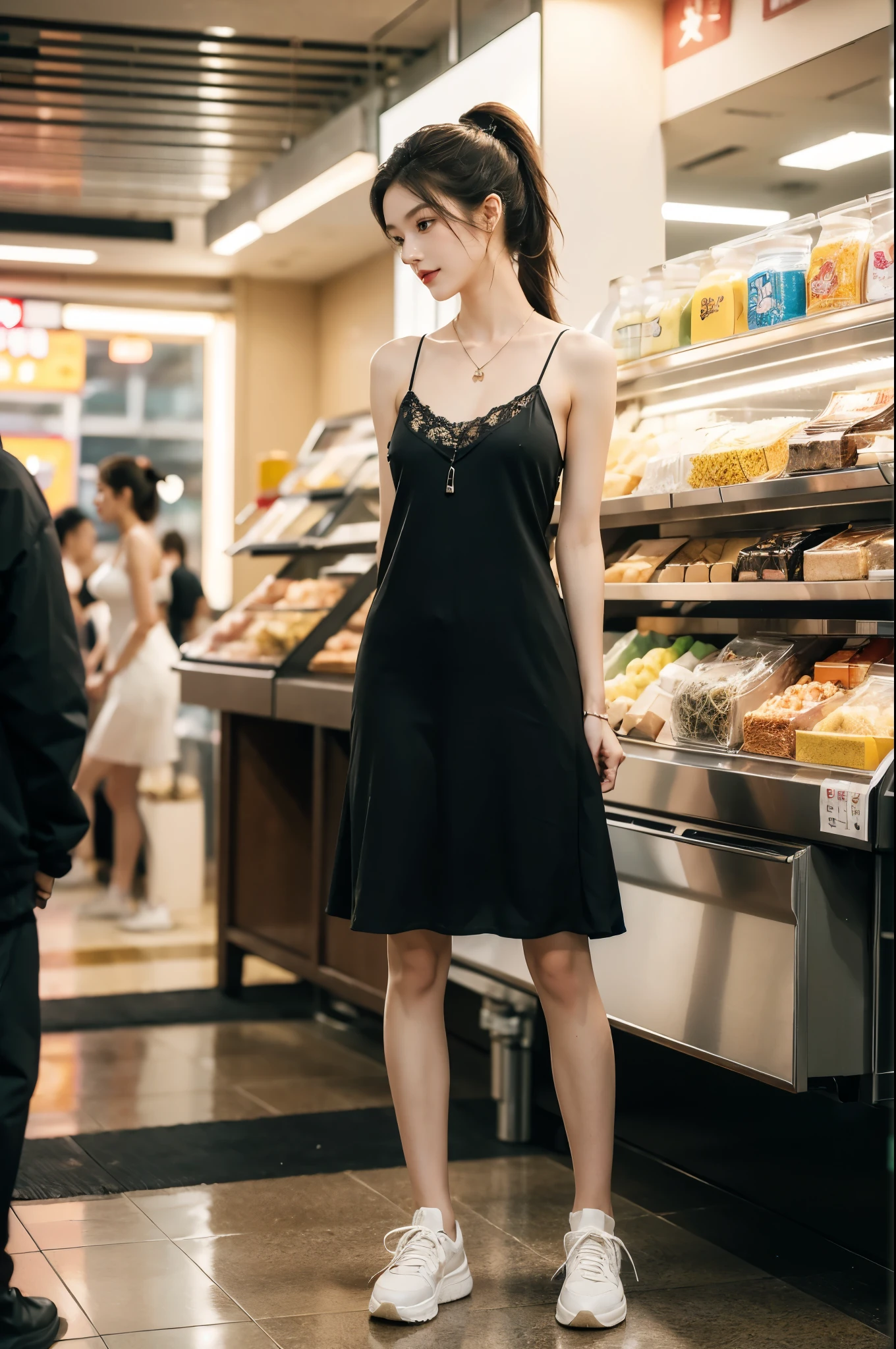 (((best quality))),(((ultra detailed))),(((masterpiece))),illustration,((1 beautiful girl,female cashier,solo)),(short ponytail:1.2),((slim,thin)),((small breasts,flat chest)),(slip dress:1.3),(slender legs:1.2),(sneakers:1.2),(standing:1.3),(arms behind back:1.3),dimly lit,soft glow,shelves,snacks,drinks,necessities,air conditioning,breeze,elegance,grace,vibrant red lipstick,crisp,delicate necklace,sparkling pendant,calmly,warm smile,inviting,poise,unaffected,hustle and bustle,city life,convenience store,haven,weary souls,relentless heat,resilient spirit,(indoor:1.2),(night scene:1.3),((from front,full body)),(surrounded by crowded crowds)
