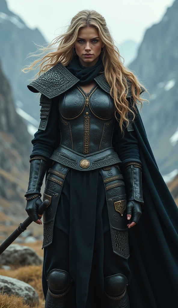 realistic blonde women viking angry with badass black Armor