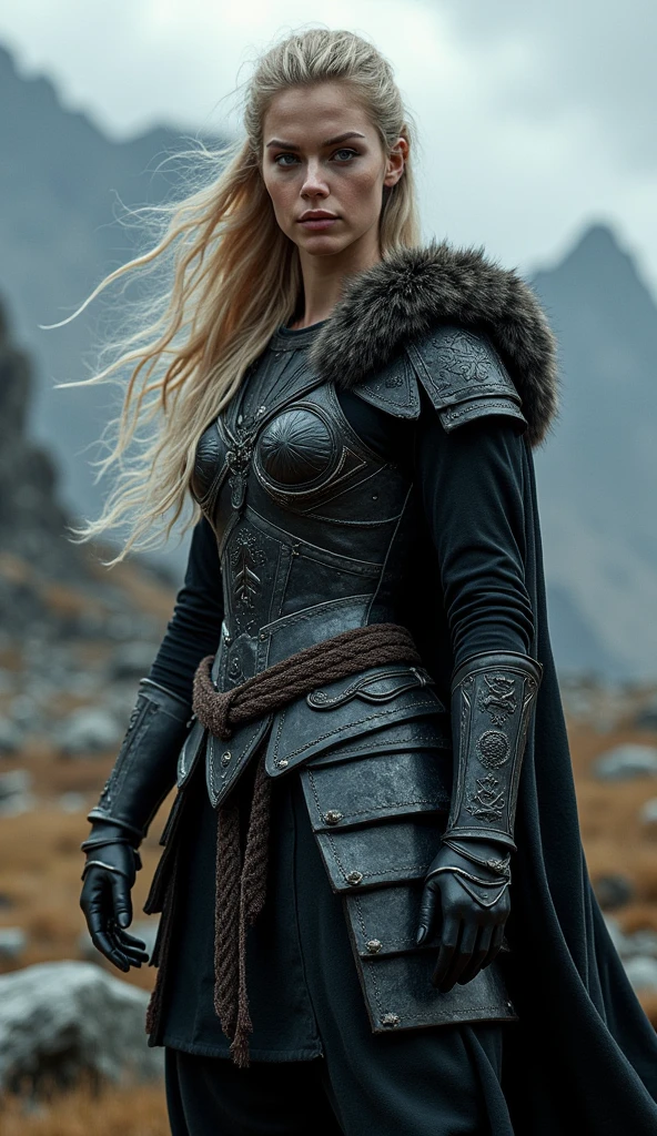 realistic blonde women viking angry with badass black Armor