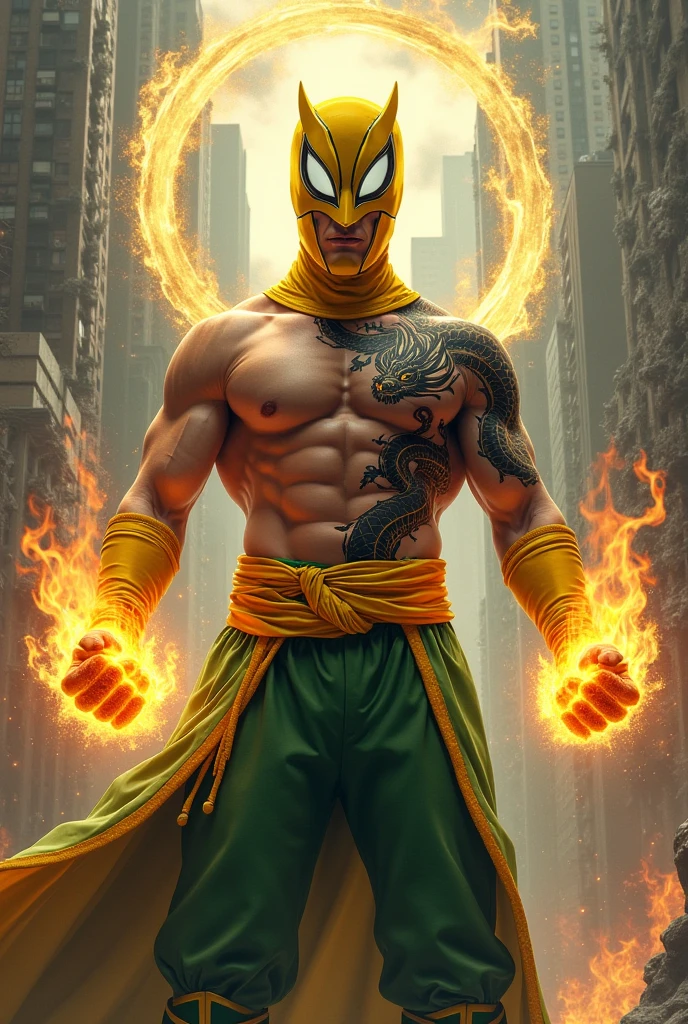 1man, shirtless, martial arts, yellow full mask, white eye patterns with black outline, muscular, green costume, yellow belt and boots, burning fists, black dragon tatto shapes into a circle, dragon aura, mystical city background