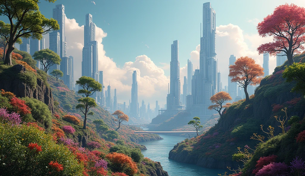 "A futuristic city on a distant planet, with Earth-like trees and plants growing alongside alien vegetation, symbolizing new roots in a new star."