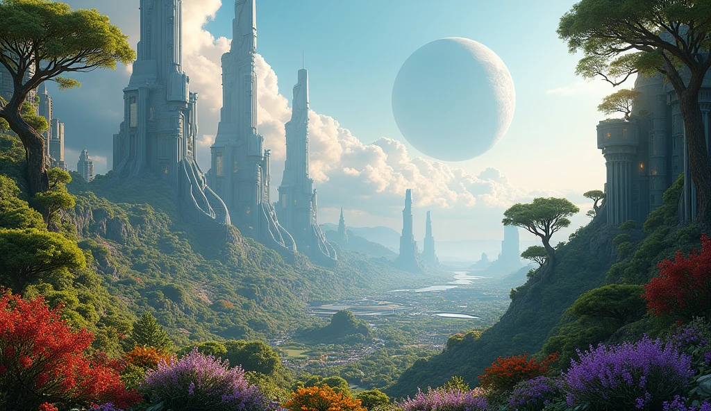 "A futuristic city on a distant planet, with Earth-like trees and plants growing alongside alien vegetation, symbolizing new roots in a new star."