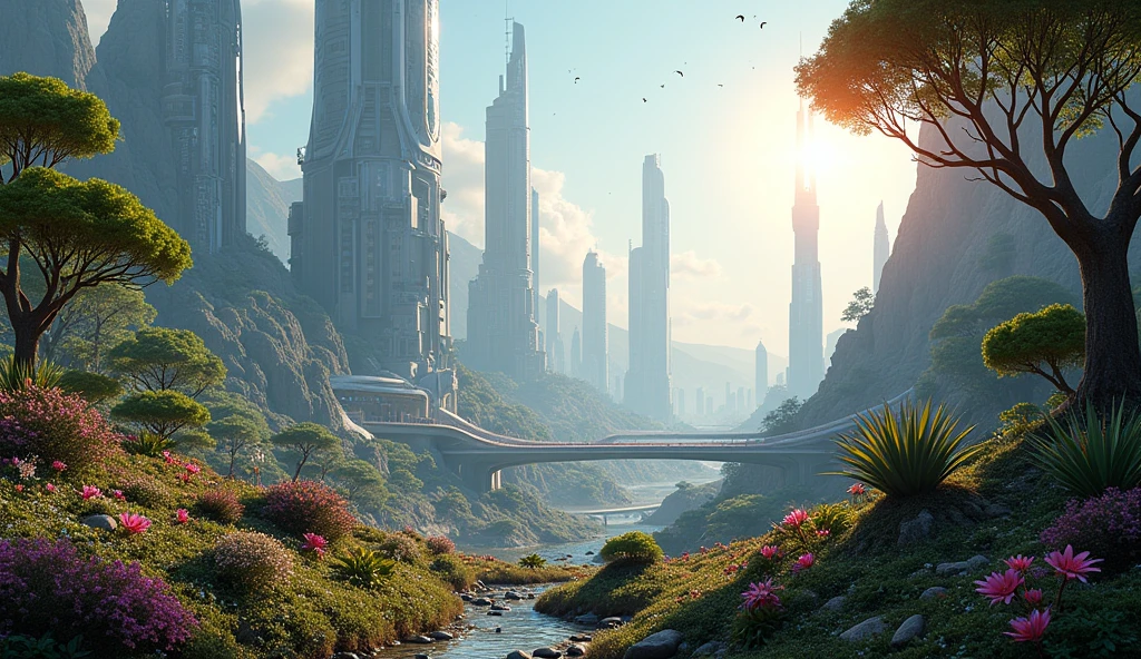 "A futuristic city on a distant planet, with Earth-like trees and plants growing alongside alien vegetation, symbolizing new roots in a new star."