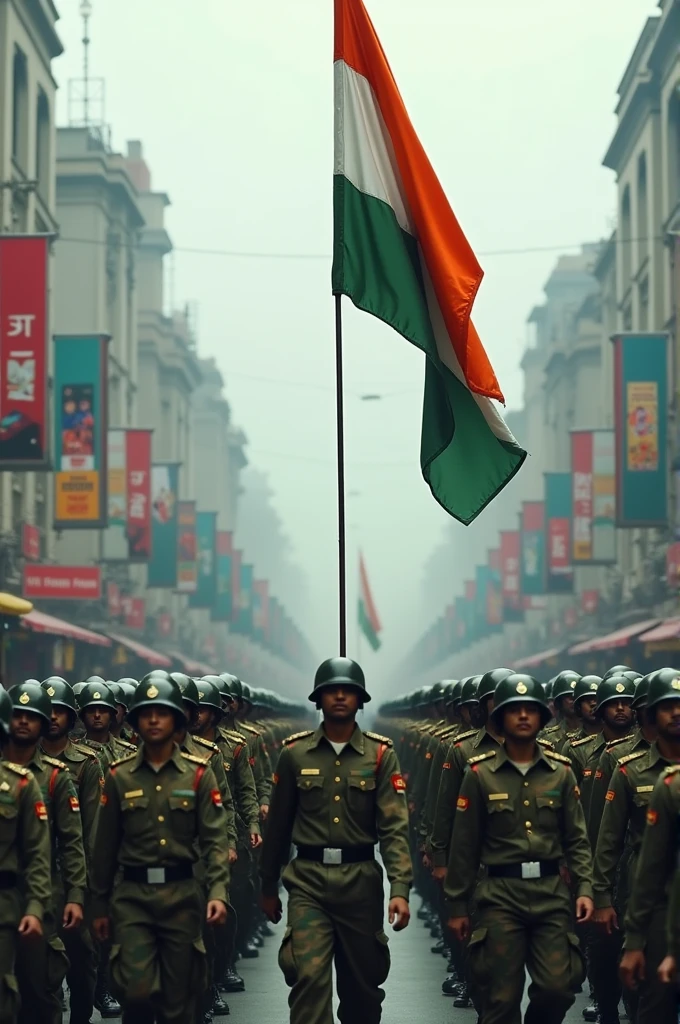 The image shows a large group of Indian soldiers marching on a street. The soldiers are wearing camouflage uniforms and helmets, and are holding Indian flags. The street is lined with buildings on both sides, and there are banners and advertisements on the buildings. In the center of the image, there is a large Indian flag waving in the wind. The sky is overcast and the overall mood of the scene is somber.