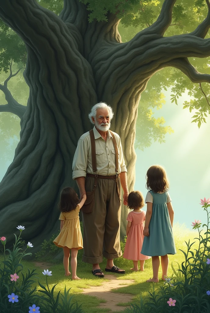 An old man and tree girls
