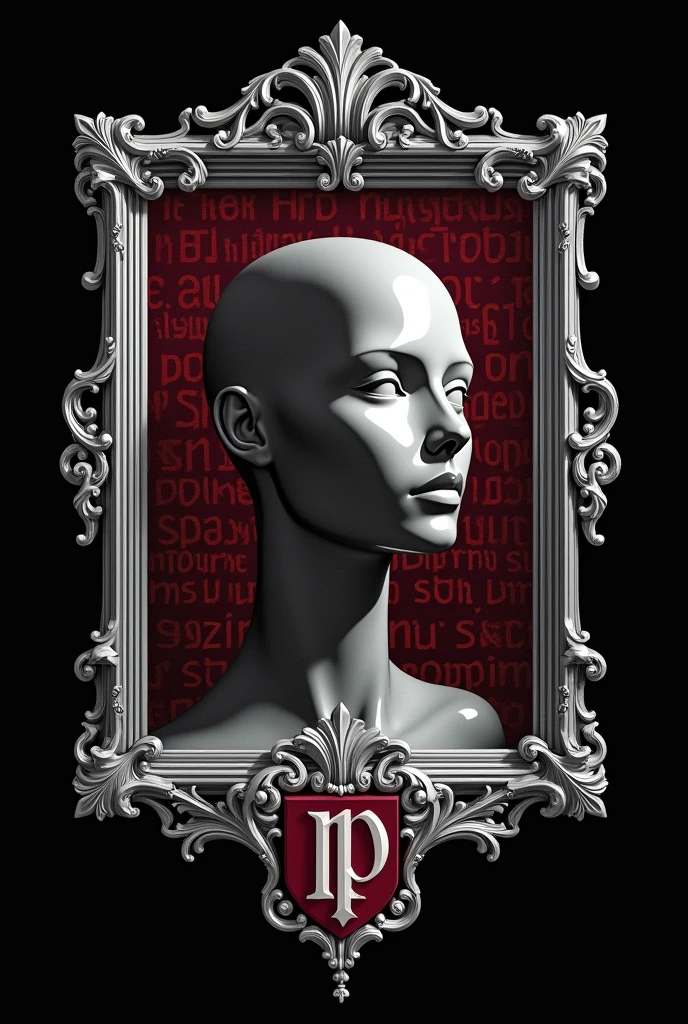 make a black t-shirt print with a rounded and square mirror in the Rococo style silver with the interior reflecting only the head and neck of a mannequin in a way that almost fills the entire mirror. Behind this mirror the writing "psychology" filling the entire background with the letters in the Renaissance style in dark wine color. on the lower part and centered on the edge of the mirror should contain a coat of arms with the symbol: (Ψ) also in silver and wine