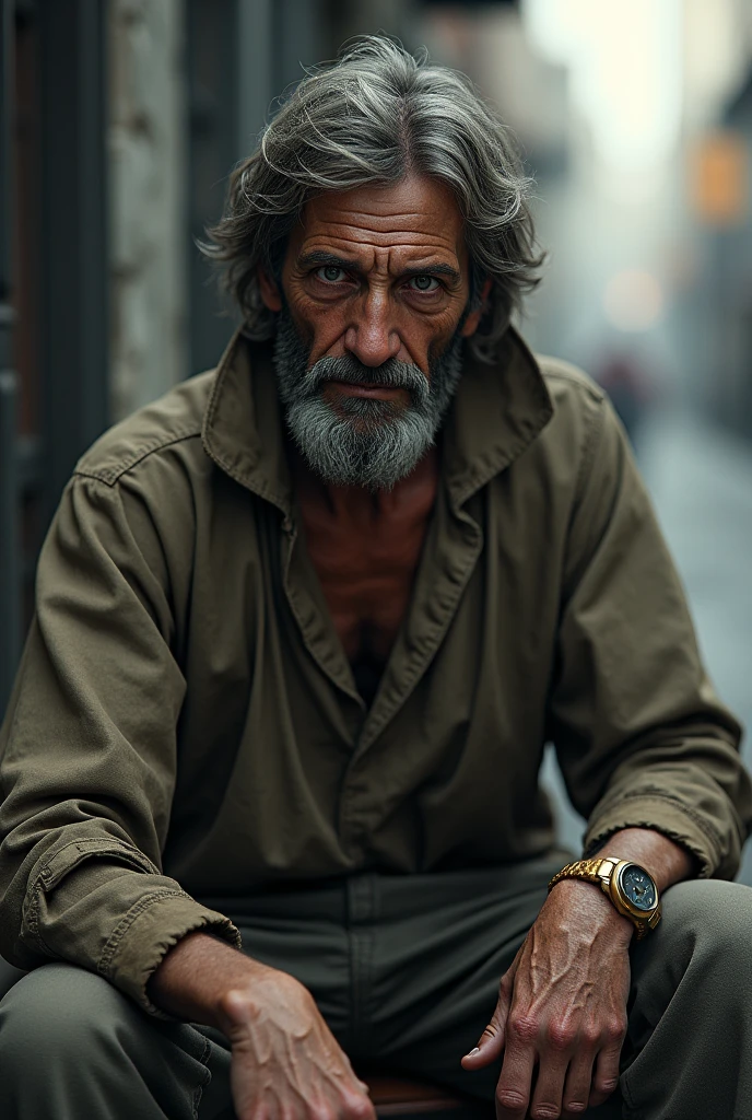 (photorealism:1.2), homeless man sitting,staring at you while one of his hands is in his pocket