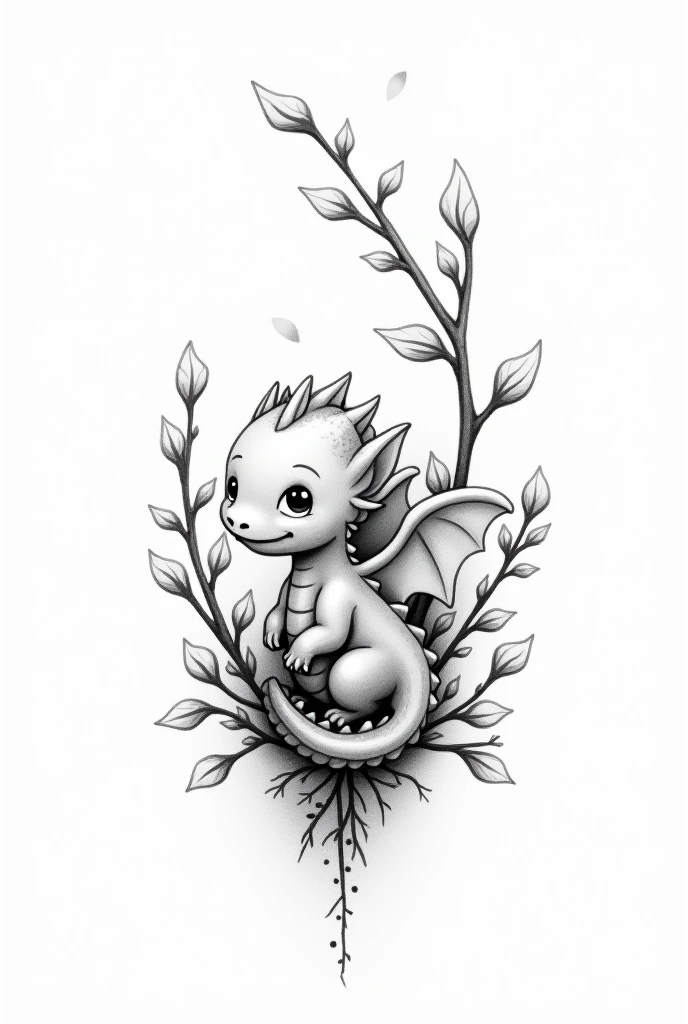 A tattoo template with a baby dragon with wings that looks cute and is winding along branches with leaves from above and hissing where you can see teeth, the whole thing in black and white but rather lighter than dark