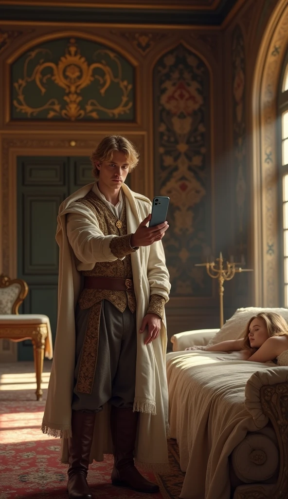 "A blonde prince is taking a selfie in a luxurious medieval hall. Beside him, A blonde princess is sleeping, he looks at the camera WHILE TAKING HIS OWN SELFIE. The AI-generated image should be the selfie the prince is taking, showing the scene as if captured by the prince's smartphone camera. The cell phone does not appear in the photo, and the selfie shows the prince in the foreground with the sleeping princess beside him, while the elegant medieval hall is visible in the background."