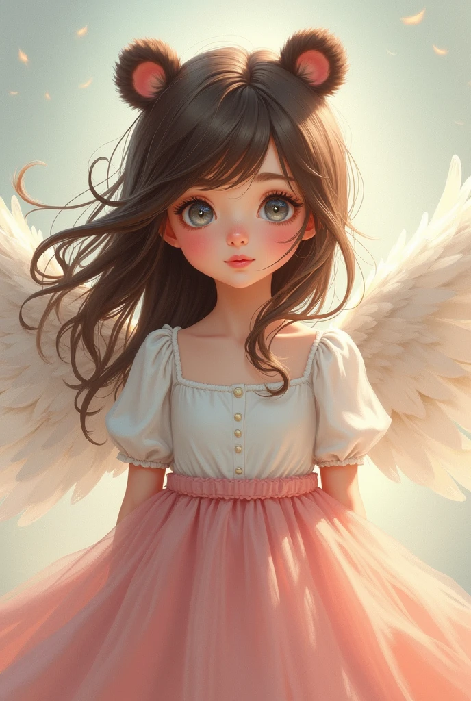 A girl with bear ears and brown hair,She wears a dress,the upper part is white and the lower part is pink,she has angel wings,and her eyes are bright gray
