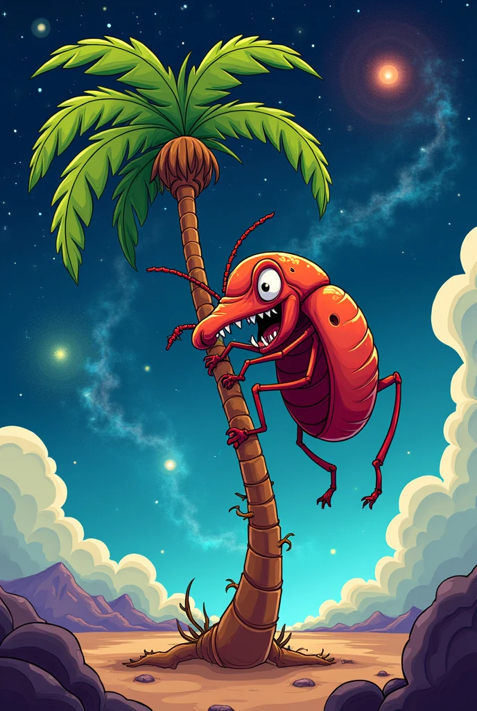 A wicked Rhynchophorus ferrugineus eating a scared palm tree against a celestial background, everything as if it were a cartoon