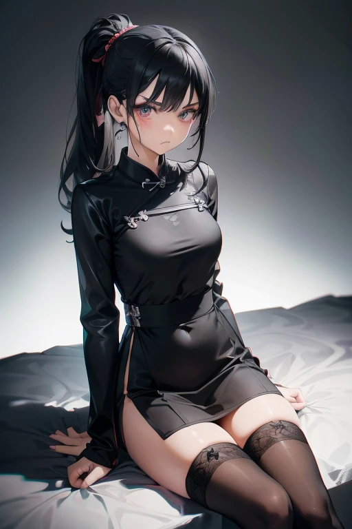 one person, High resolution, High resolution, masterpiece, Anatomically correct, accurate, Winner of numerous awards, Textured skin, retina, Black Hair, Split Ponytail, Slim Body,Slanted Eyes, Contempt/angry gaze, Wide-angle shot, Barrette, anaglyph, Unreal Engine, Black Mini Cheongsam,third seats of a Alphard,Teen,No sleeve,race,AA-cup,Over the knee socks,Makeup that doesn't suit me