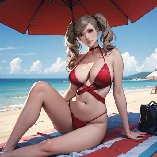 ((Master quality, 8K, masterpiece:1.3, ultra-detailed, high resolution, RAW Photos, detailed Realistic background, cinematic lighting)), Actual, Realistic, photo, HDR, BREAK, detailed eyes, perfect anatomy, perfect hands, BREAK, , One person alone, dsann(persona 5), beautiful , (Sitting on a Sun_lounger and posing sexy, spread legs), blonde twin pigtails hair, ( Round and Stacked Breasts ), , Cleavage, Slim waist, , smile:1.5, Sweat-soaked skin, wearing( Slingshot Swimsuit, ), , BREAK, ( Random Angle, full-body, ), dynamic angle, Beach_parasol, Beach cocktails on a round table, outdoor, beach