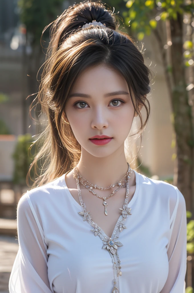 1 beautiful girl in Hanfu costume, ((white thin purple silk shirt with a lot of texture)), white lace top, long purple platinum ponytail Hair, Jewelry, ear jewelry, necklaces and necklaces, carefully drawn big purple eyes, makeup careful, thin eyebrows, high nose, beautiful red lips, no smile, pursed lips, rosy cheeks, wide breasts, big breasts, proportional breasts, slim waist, purple fishnet socks, chinese hanfu style, fictional art texture, colorful bright and realistic, RAW Photo, Realistic Photo, ultra high quality 8k surreal photo, (effective fantasy light effect: 1.8), 10x pixels, magical effect (Background): 1.8), ultradetailed eyes, full body portrait of girl , Chinese royal garden background, dynamic pose