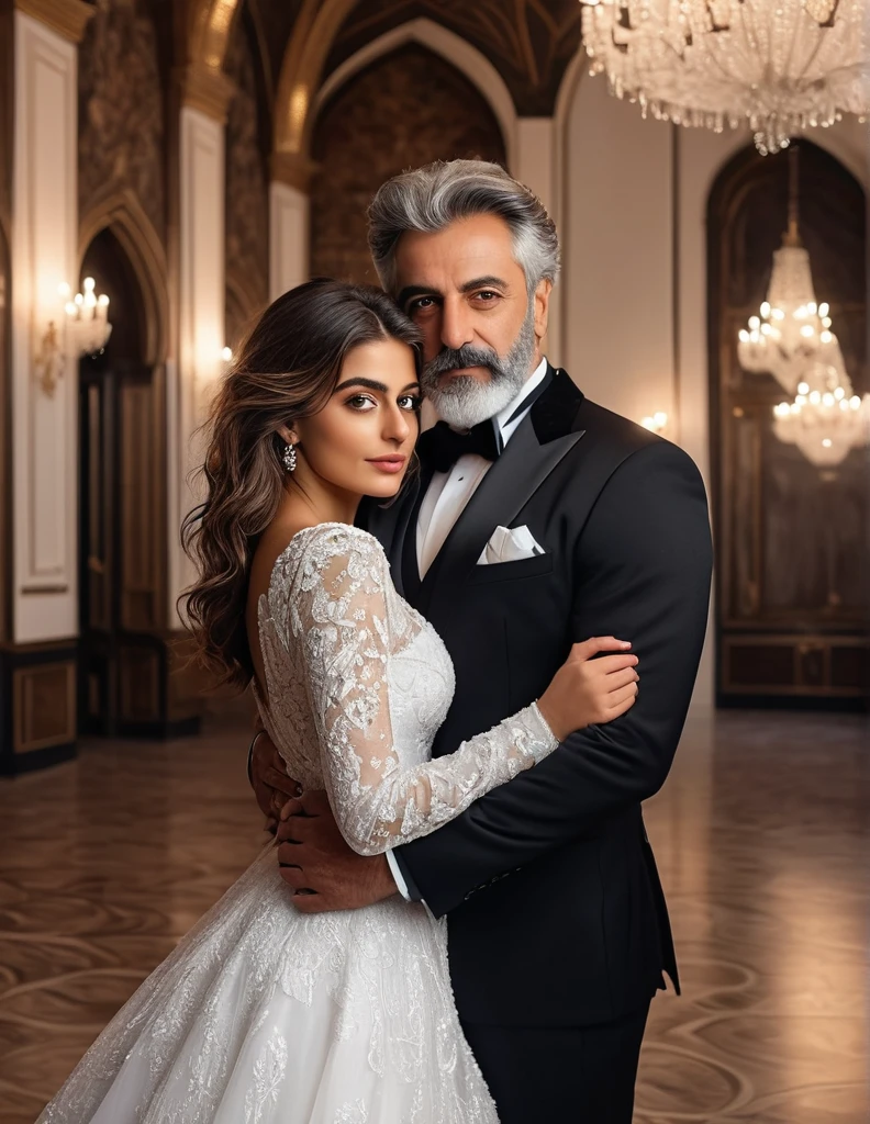 (fullbody photo:2.0) of father and daughter embracing in a ballroom: (a 25-year-old iranian woman, brown skin, triangular shaped face, brown eyes, long wavy hair, dark brown hair, busty, wearing a white winter wedding dress, long sleeves), embracing (a burly 65-year-old iranian man, brown skin,square shaped face, short full beard, brown eyes, short hair, grey hair, burly body, wearing a black elegant suit), in a ballroom of an enchanted castle, winter, (8k, photorealistic, RAW photo, best quality:1.4),