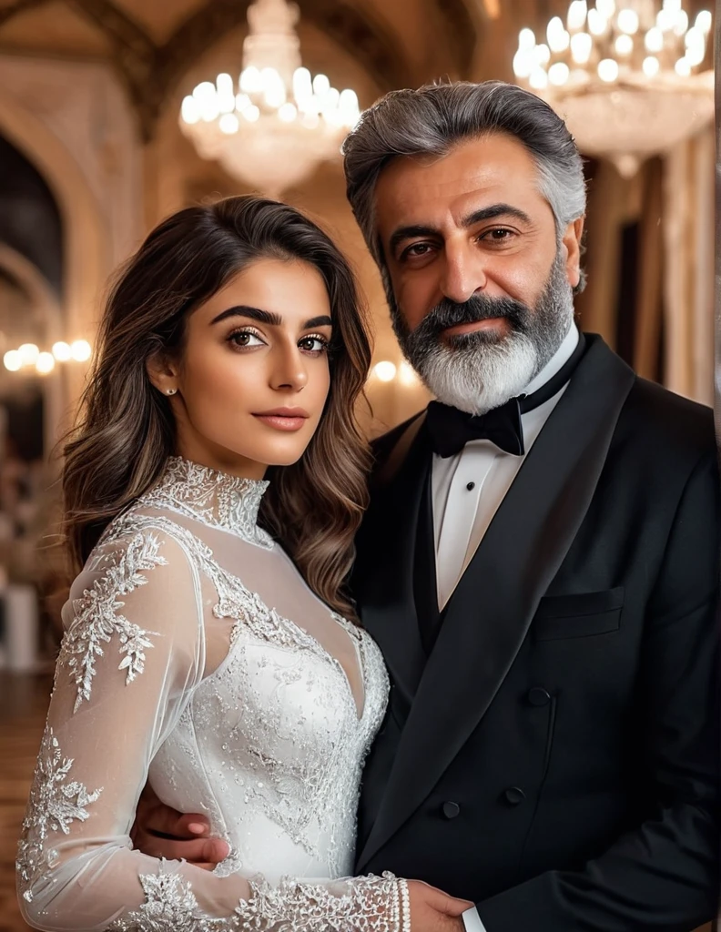 (fullbody photo:2.0) of father and daughter embracing in a ballroom: (a 25-year-old iranian woman, brown skin, triangular shaped face, brown eyes, long wavy hair, dark brown hair, busty, wearing a white winter wedding dress, long sleeves), embracing (a burly 65-year-old iranian man, brown skin,square shaped face, short full beard, brown eyes, short hair, grey hair, burly body, wearing a black elegant suit), in a ballroom of an enchanted castle, winter, (8k, photorealistic, RAW photo, best quality:1.4),