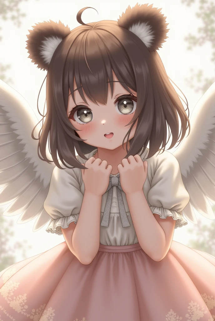 A girl with bear ears and brown hair,She wears a dress,the upper part is white and the lower part is pink,she has angel wings,and her eyes are bright gray 