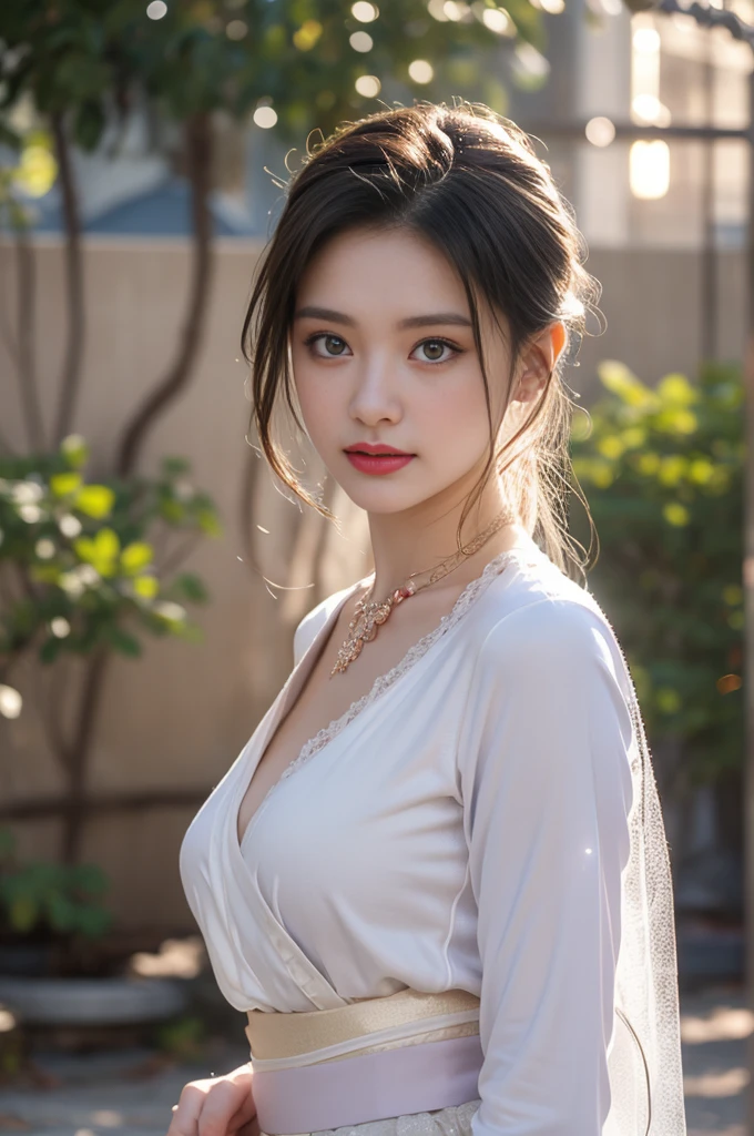 1 beautiful girl in Hanfu costume, ((white thin purple silk shirt with a lot of texture)), white lace top, long purple platinum ponytail Hair, Jewelry, ear jewelry, necklaces and necklaces, carefully drawn big purple eyes, makeup careful, thin eyebrows, high nose, beautiful red lips, no smile, pursed lips, rosy cheeks, wide breasts, big breasts, proportional breasts, slim waist, purple fishnet socks, chinese hanfu style, fictional art texture, colorful bright and realistic, RAW Photo, Realistic Photo, ultra high quality 8k surreal photo, (effective fantasy light effect: 1.8), 10x pixels, magical effect (Background): 1.8), ultradetailed eyes, full body portrait of girl , Chinese royal garden background, dynamic pose