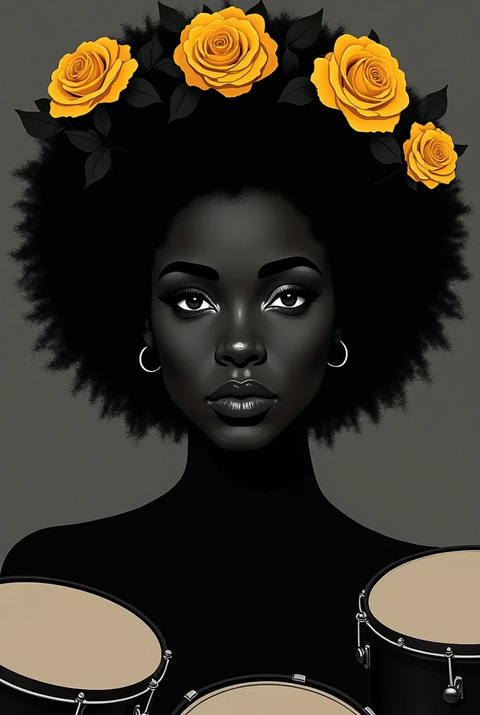 Silhouette of a Black woman's face, looking serious straight ahead with her curly hair and yellow roses in her hair, with drums around his face and the background is completely gray