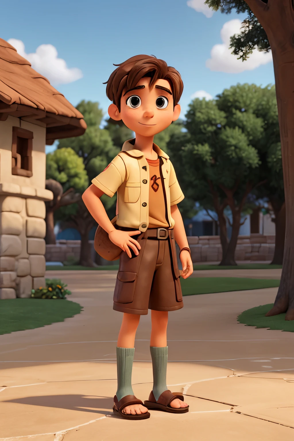 Photo by Rezuz Cruize, Pixar style character, 10 year old boy, brown hair, brown eyes, clothes from Roman times, leather sandals, playing soccer.