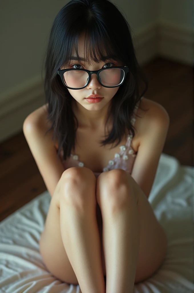 There is a woman sitting on the floor with her legs crossed...., Wear glasses, Japanese Model, Wear glasses on, Wearing square glasses, Young Sensual Gravure Idol, Yasumoto Oka, Genuine young gravure idol, Without glasses, Yoshitomo Nara, Aoi Ogata, Wear glassesいる, Surreal,Provocative,((Beautiful Skin)),((Skin Texture)),((Real Touch)), healthy, unreddish skin, Cute freckles on the cheeks,Mole under left eye,forward bend posture,Observe the audience,