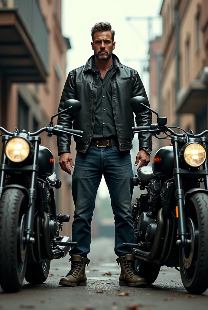 Man with two motorcycles next to him on his back saying Calate 0224