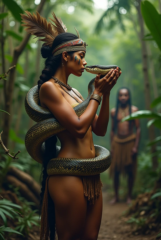 Magnificent detail, 8K Photos, hyper- realism, realistic background, visual depth, wide angle lens, all-body, 1 beautiful woman indigenous tupi guarani naked, covering the private parts with a snake. standing. barebody. Facial expression seduction, seducing smile. captivating stare. Indigenous facial painting. plume on head. Amazonian Brazil setting. brazilian forest. Spectacular beauty. Snake 3 meters. Woman holding the snake's head with her hand near her face. Woman looking at the snake's eye. Woman facing forward, looking at the photo. Snake coiled around the woman's body. Two Native American men in the distance in the background are commenting about the woman.