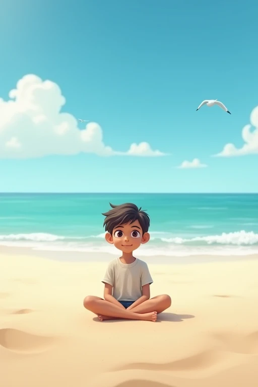 boy sitting on the beach sand