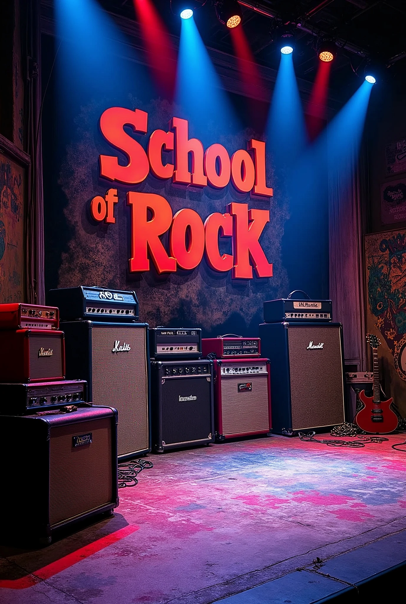 theater set with image of the film's logo "school of rock" for use in the musical presentation