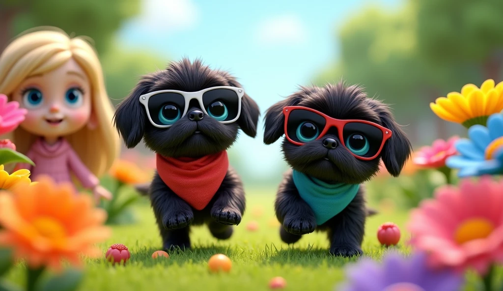Seven cartoon
flowers bloom in a rainbow of colors around them 2 adorable black shih tzu puppies with big blue eyes wearing colorful bandanas and sunglasses, cute blonde girl with big blue eyes, wearing sunglasses 3D Pixar style