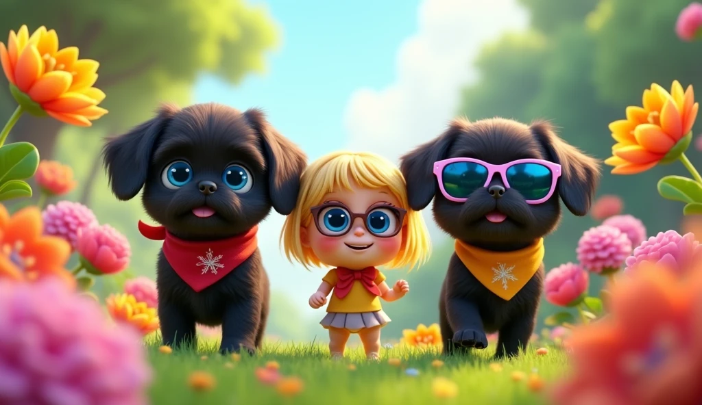 Seven cartoon
flowers bloom in a rainbow of colors around them 2 adorable black shih tzu puppies with big blue eyes wearing colorful bandanas and sunglasses, cute blonde girl with big blue eyes, wearing sunglasses 3D Pixar style