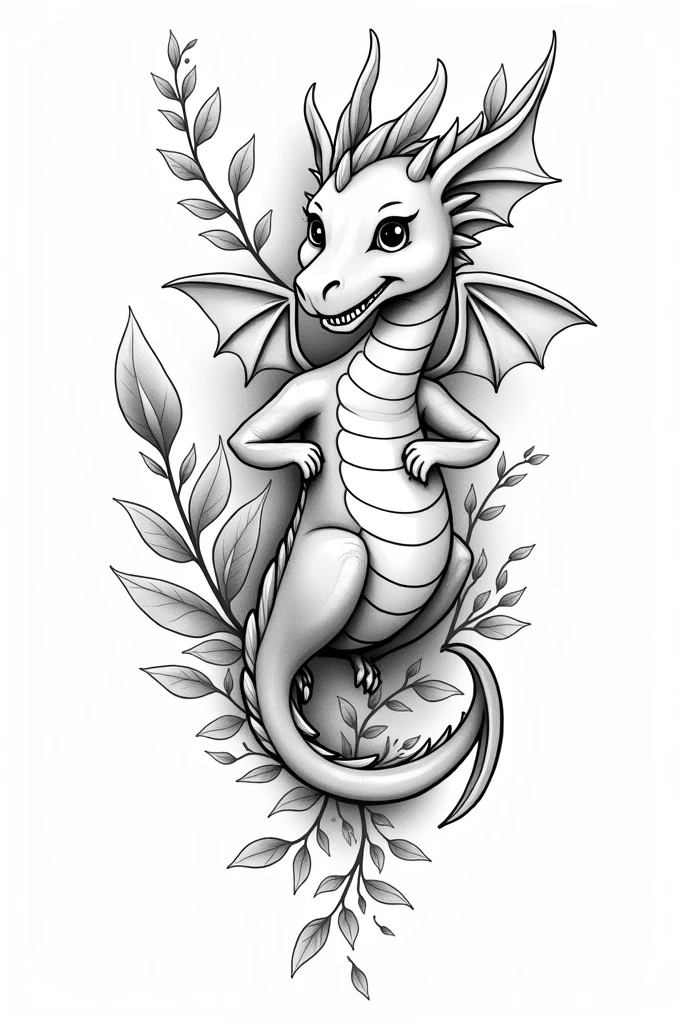 A tattoo design with a dragon with wings, looking cute, winding around branches with leaves from above, snarling with visible teeth. The whole thing in black and white, but rather light than dark.