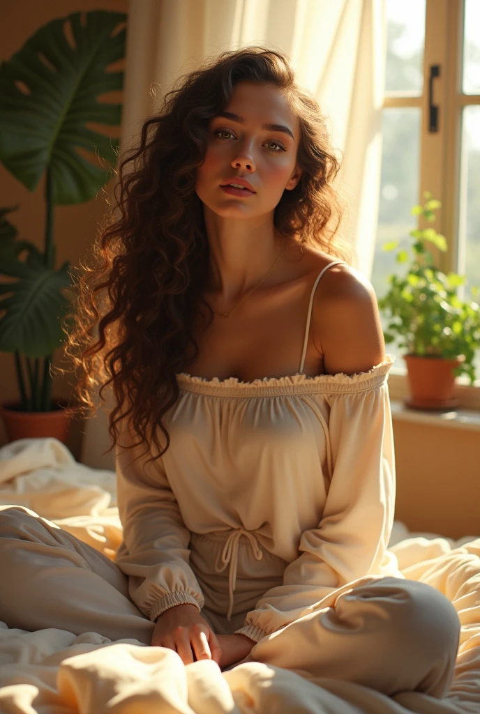 (photorealism:1.2), beautiful woman, sitting on bed, wearing loose off-shoulder top, pajama pants, long curly hair, indoors, soft lighting, plants in background, window with sunlight, cozy room, relaxed pose, realistic, intricate details, warm colors, by Greg Rutkowski, by Alphonse Mucha