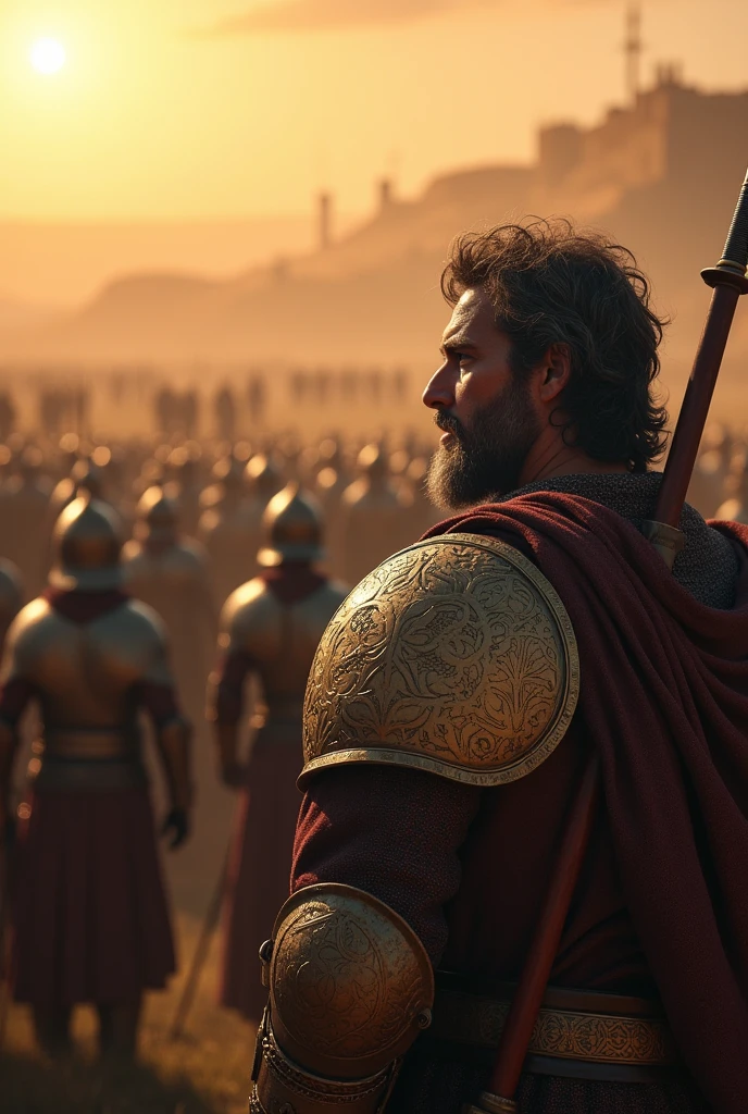 4K, dark fantasy, medieval period, the Mamluk forces gather at Ain Jalut, their leader Qutuz standing atop a small hill, surveying the approaching Mongol army down the hill. Mamluk soldiers in their distinct armor, adorned with decorative patterns, readying their bows and swords. The scene captures the tension and anticipation before the battle, with the Mamluk cavalry poised to engage. The sun now higher, casting a harsh light on the prepared yet anxious faces of the Mamluk warriors. Camera over the shoulder of mamluk leader Qutuz looking towards the coming mongol army